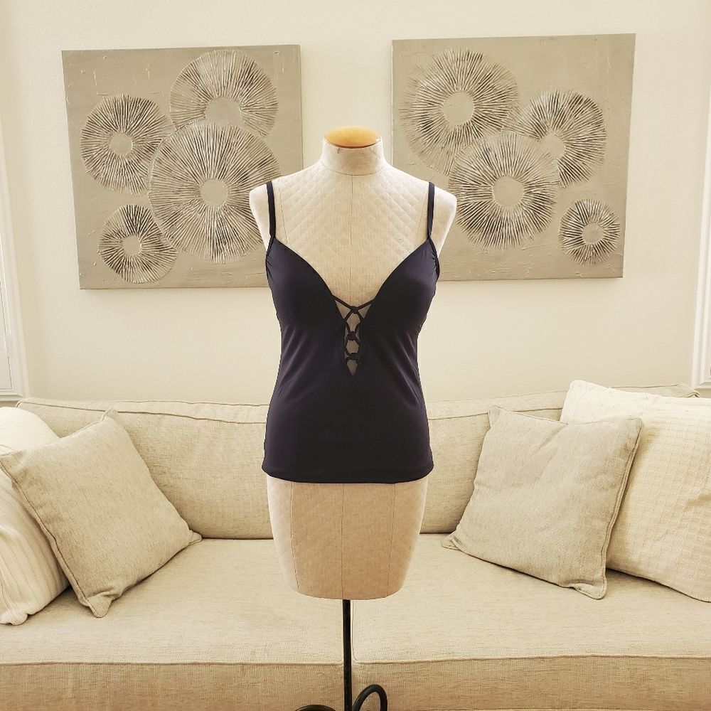 Bleu Rod Beattie Padded Lace-Up Knot-Detail Tankini Top - size 12 in Black